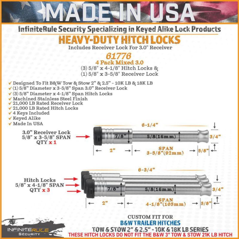 Hitch Locks InfiniteRule Security B&W Tow & Stow 2 10 K y 2.5 18 K