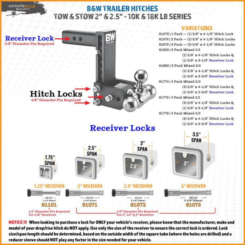 Hitch Locks InfiniteRule Security B&W Tow & Stow 2 10 K y 2.5 18 K