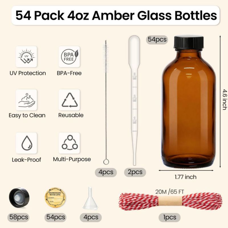 Botellas TBWIND pack de 54 unidades 120 ml vidrio ámbar con tapa hermética
