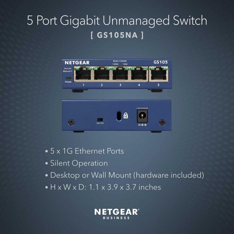 Conmutador NETGEAR GS105NA Gigabit Ethernet de 5 puertos no gestionado