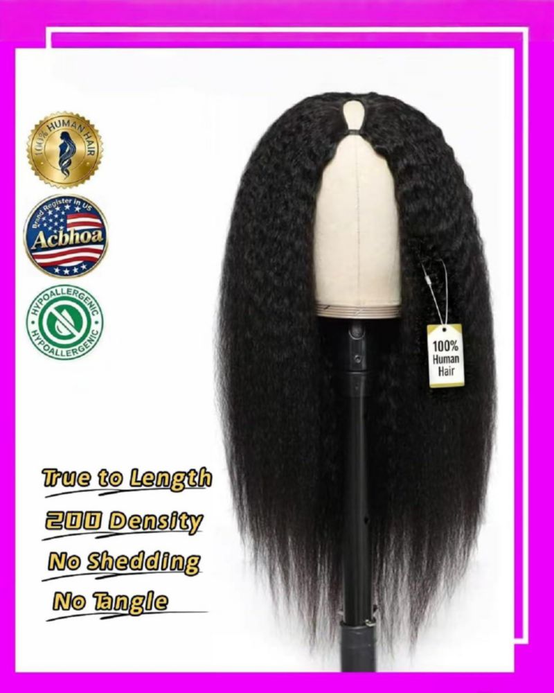 Peluca Acbhoa 51 cm Kinky Straight de Cabello Humano con Parte en U