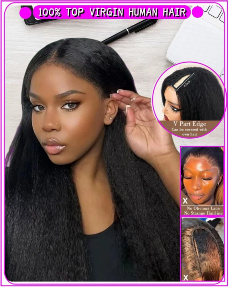 Peluca Acbhoa 51 cm Kinky Straight de Cabello Humano con Parte en U