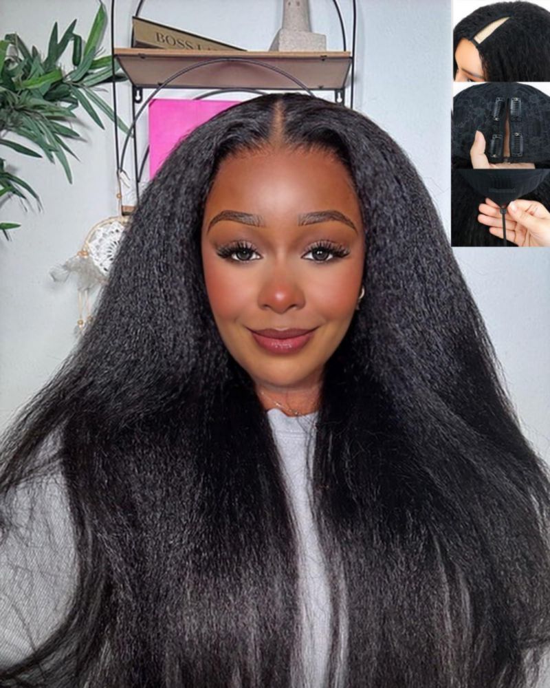 Peluca Acbhoa 51 cm Kinky Straight de Cabello Humano con Parte en U