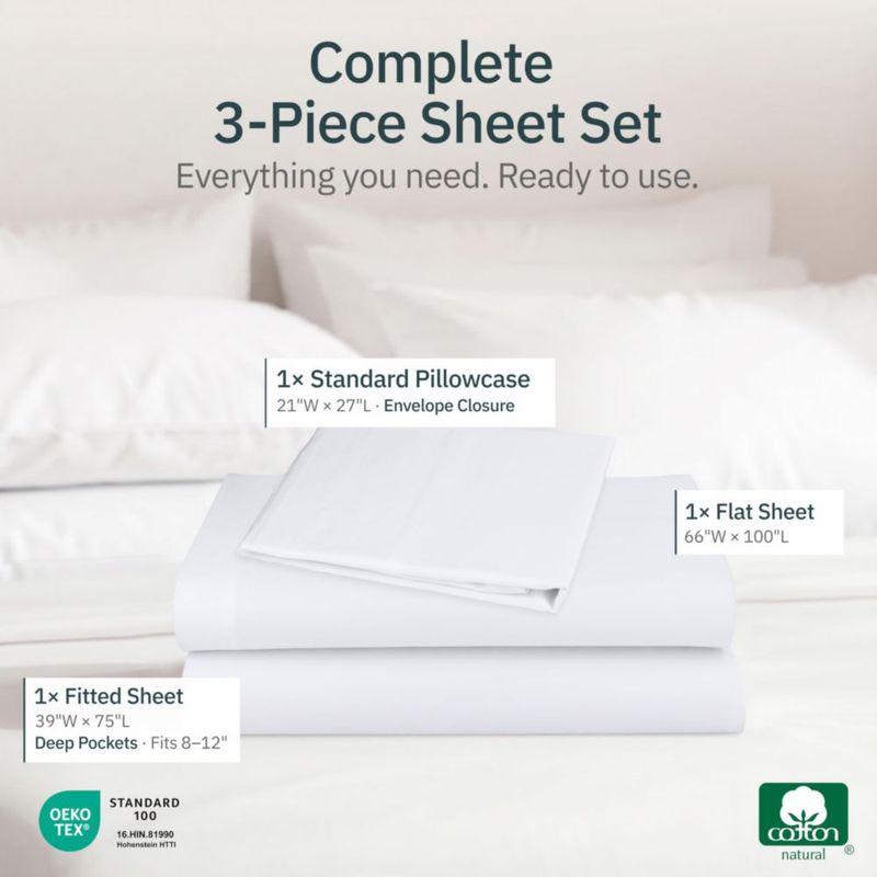 Juego de sábanas California Design Den para cama individual 3 piezas algodón blanco