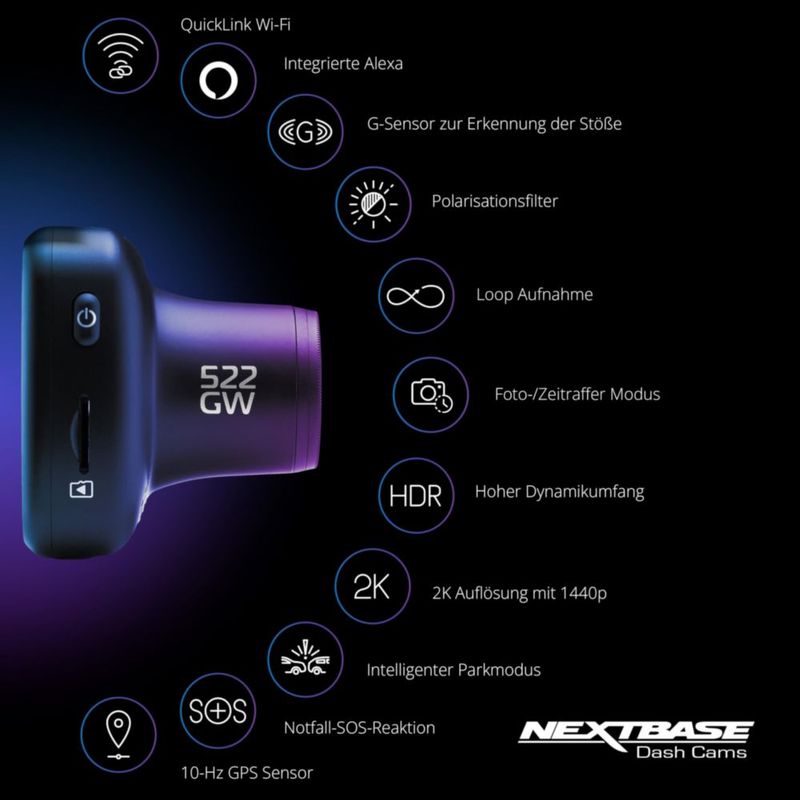 Dash Cam Nextbase 522GW 1440P/30 fps Quad HD con Wi-Fi y Alexa