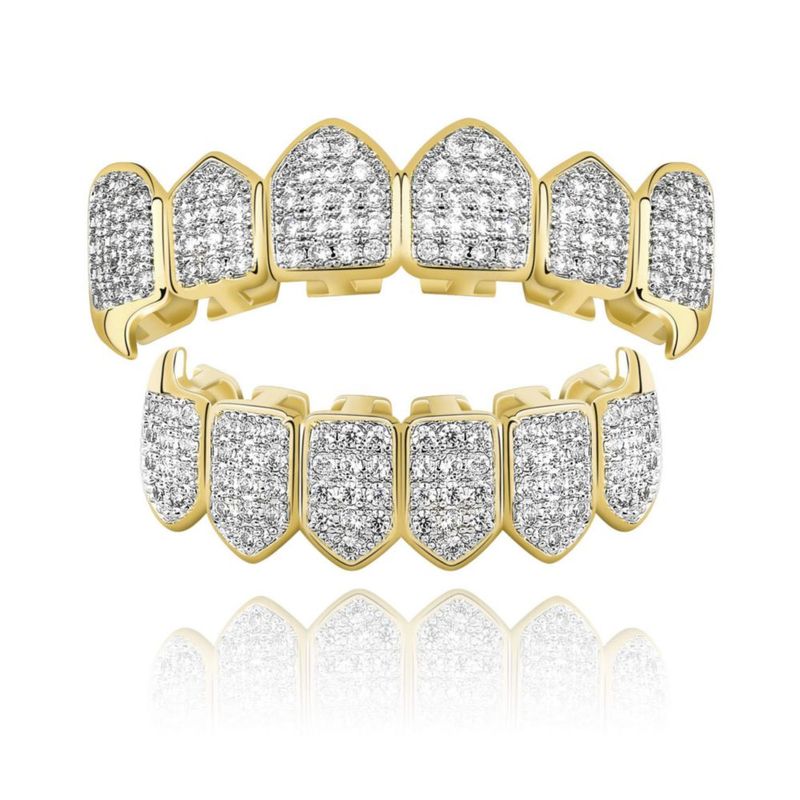 Grillz TOPGRILLZ chapado en oro de 18K con zirconia cúbica colmillos de vampiro estilo hip‑hop y cosplay
