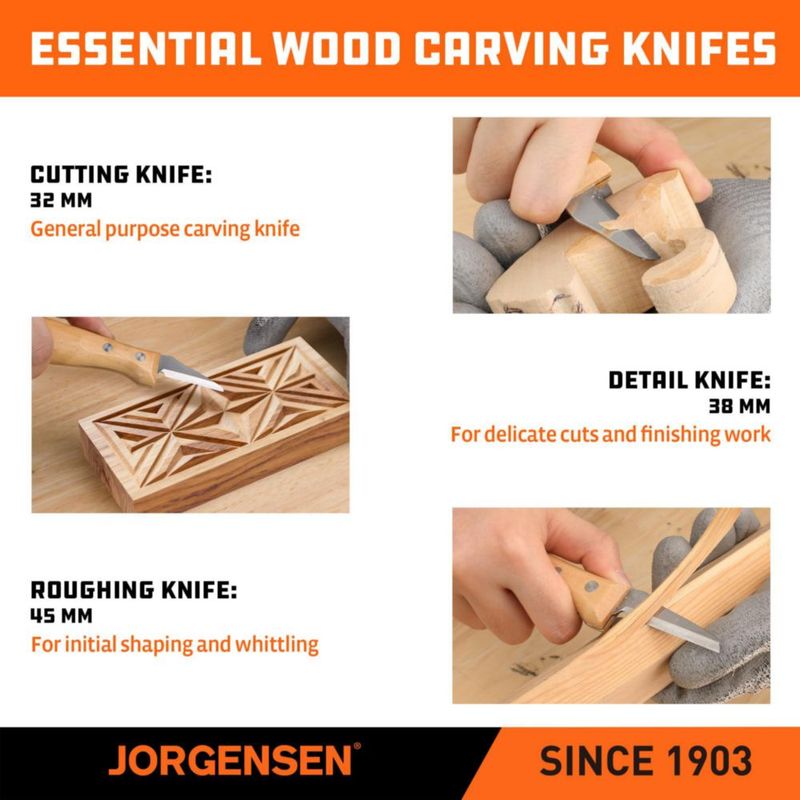 Juego de 3 cuchillos para talla de madera Jorgensen de acero inoxidable