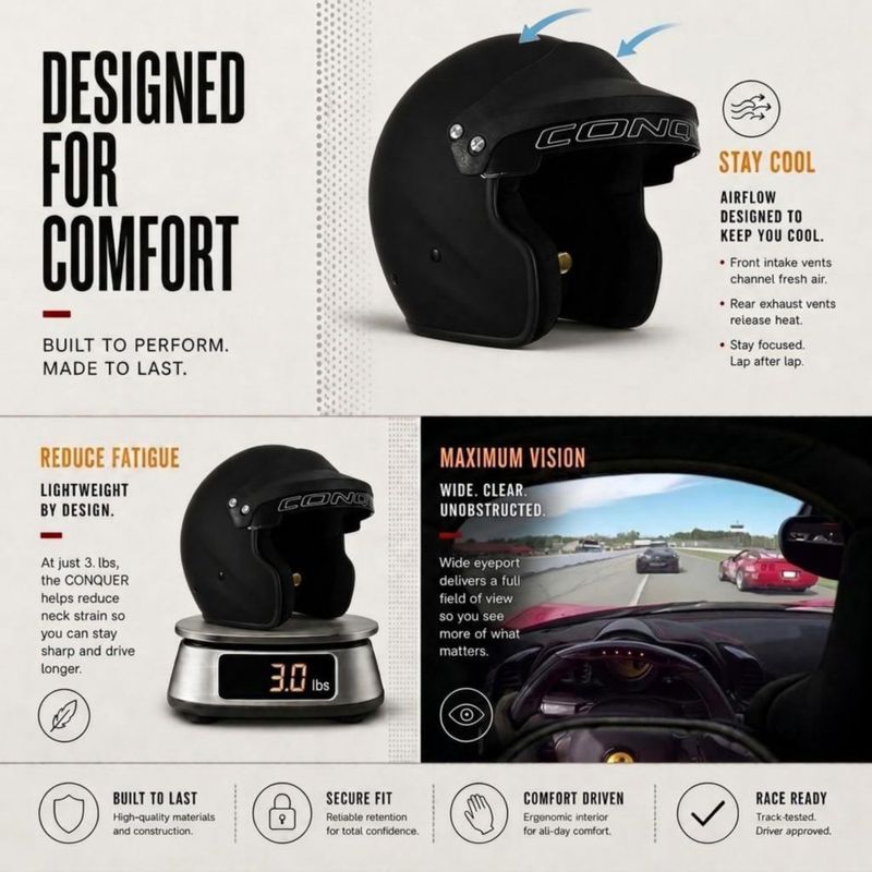 Casco de Automóvil Conquer Snell SA2025 Negro/Blanco/Plateado