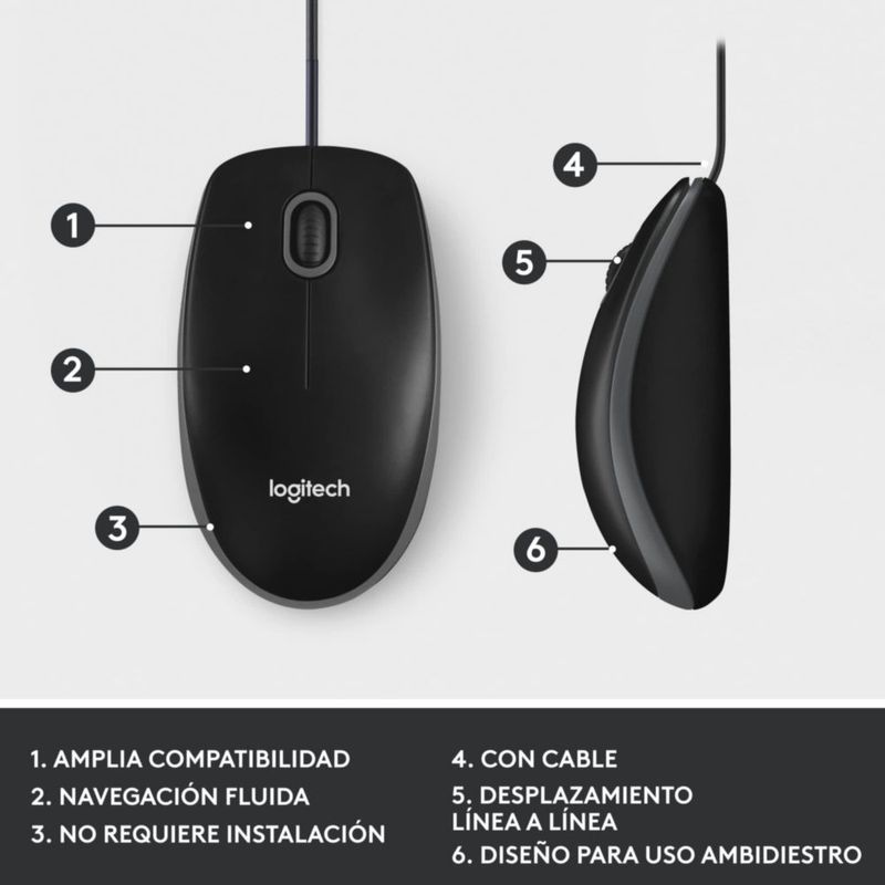 Mouse Logitech M100 con cable USB ambidiestro negro