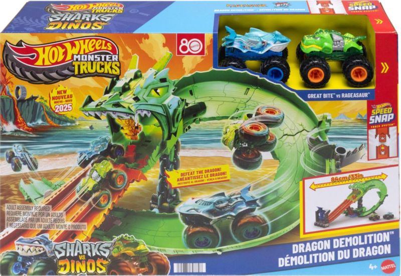 Pista de juego Hot Wheels Monster Trucks Sharks vs. Dinos