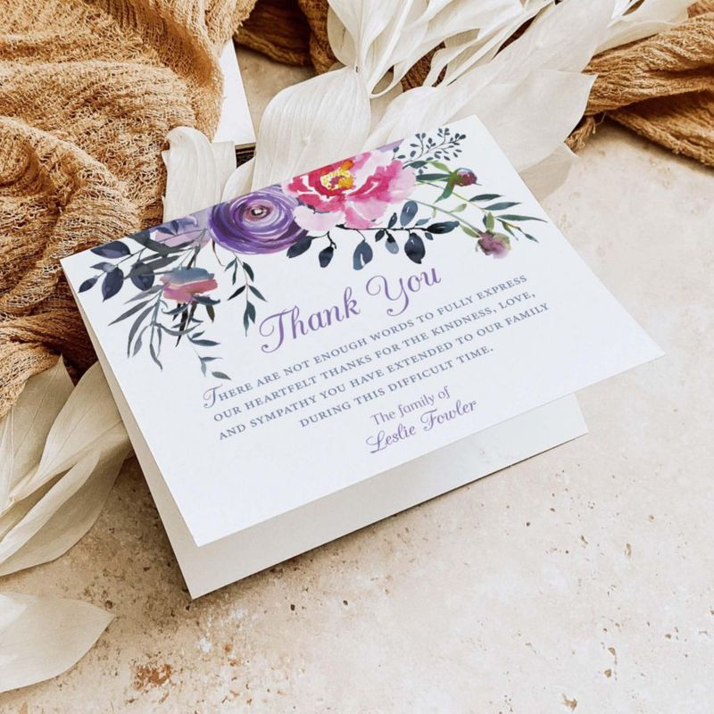 Tarjeta de agradecimiento Hello Love Goods floral rosa y púrpura
