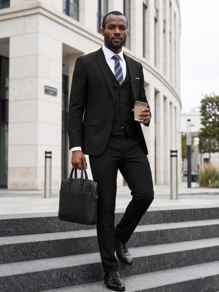 Traje de tres piezas MAGE MALE para hombre corte entallado un botón negro