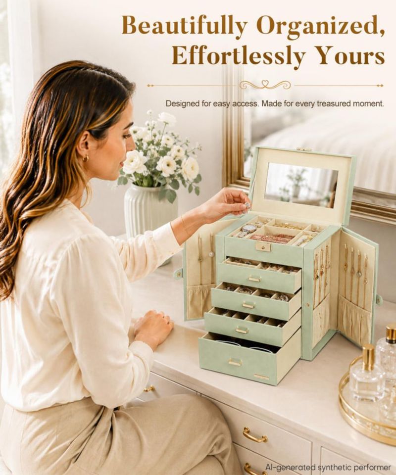 Caja de joyas Homde 28 × 26 × 15 cm 5 niveles con cierre y llave