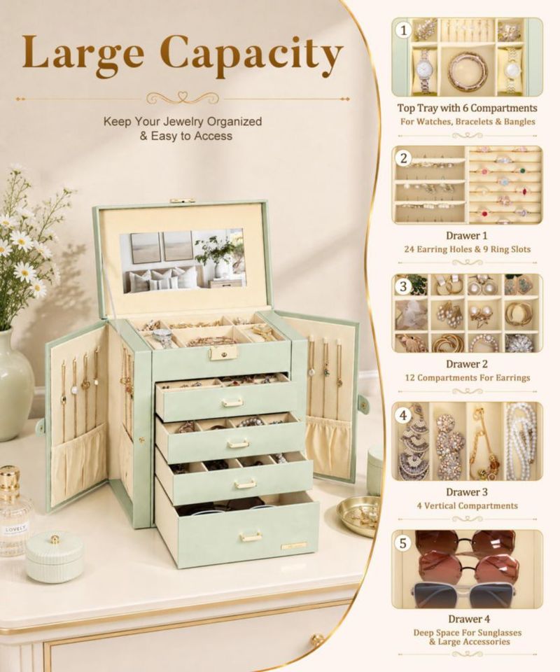 Caja de joyas Homde 28 × 26 × 15 cm 5 niveles con cierre y llave