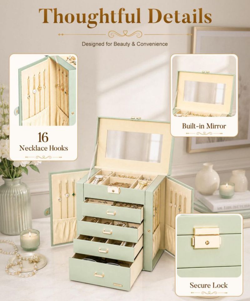 Caja de joyas Homde 28 × 26 × 15 cm 5 niveles con cierre y llave