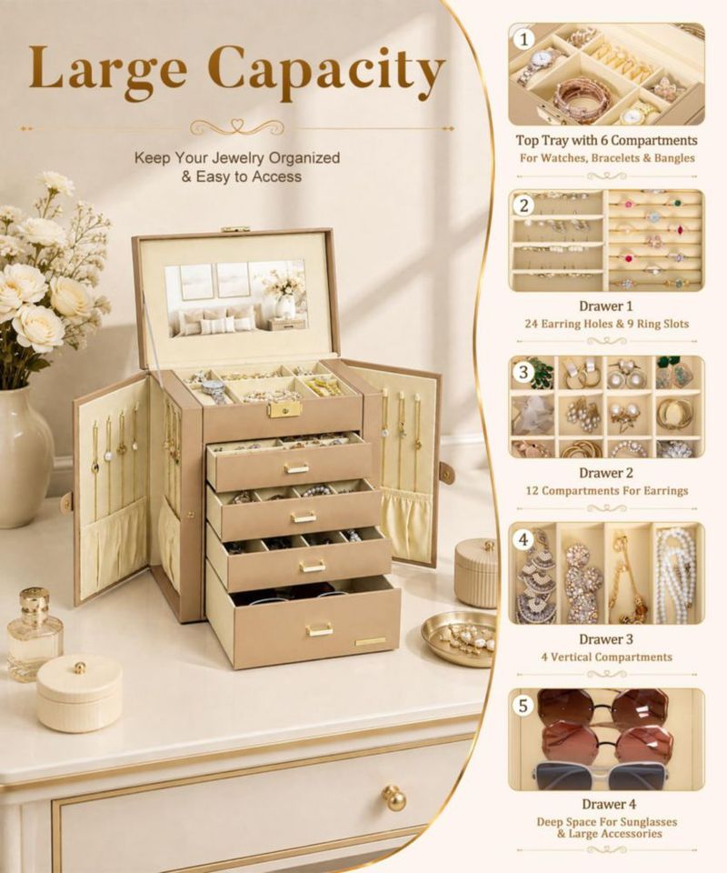 Caja de joyería Homde de 5 niveles 28 × 26 × 15 cm con candado