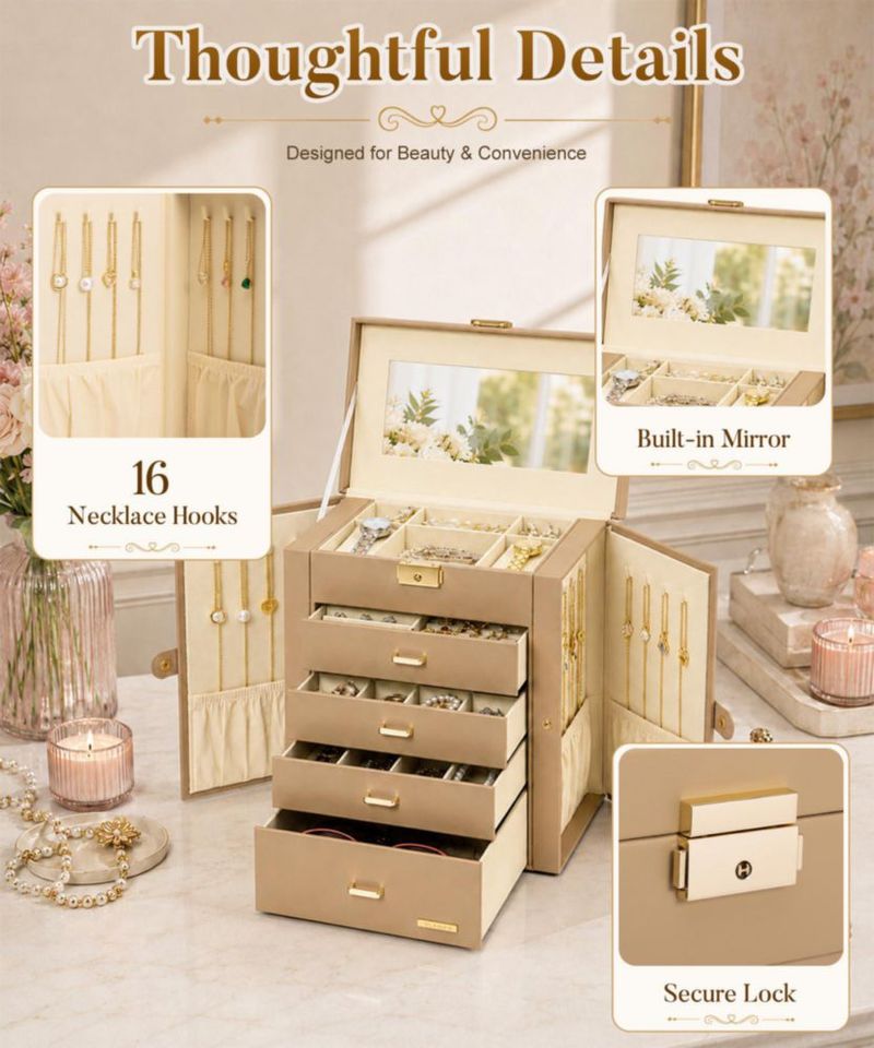 Caja de joyería Homde de 5 niveles 28 × 26 × 15 cm con candado