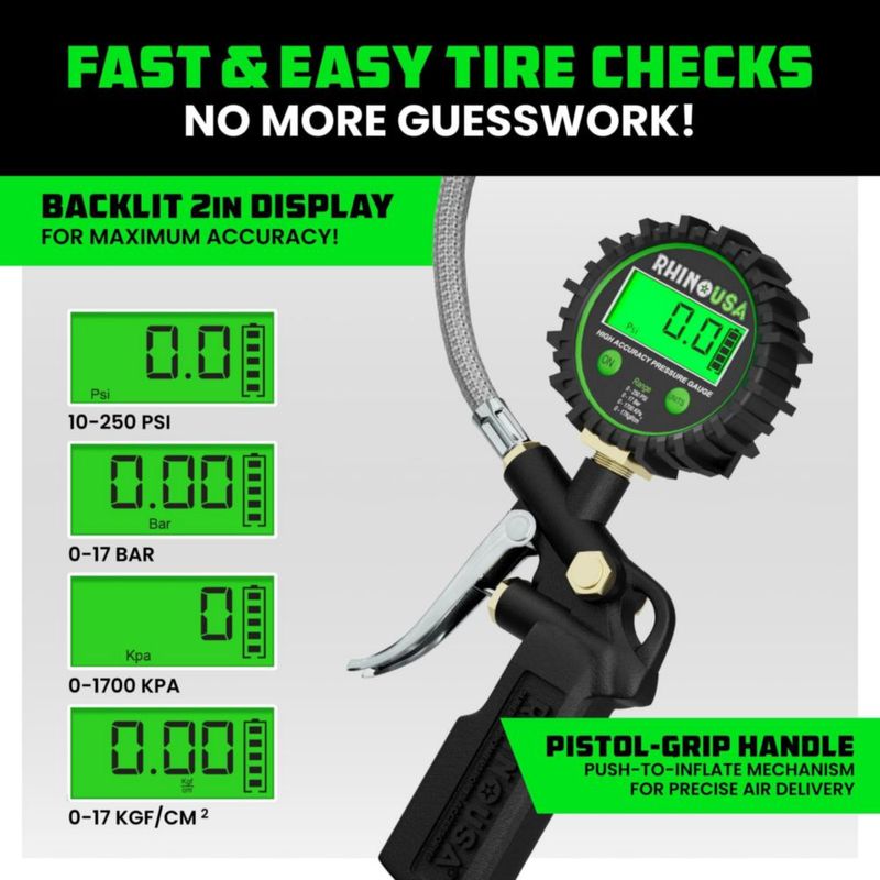 Manómetro Digital de Neumáticos Rhino USA 250 PSI con Inflador ¼" NPT