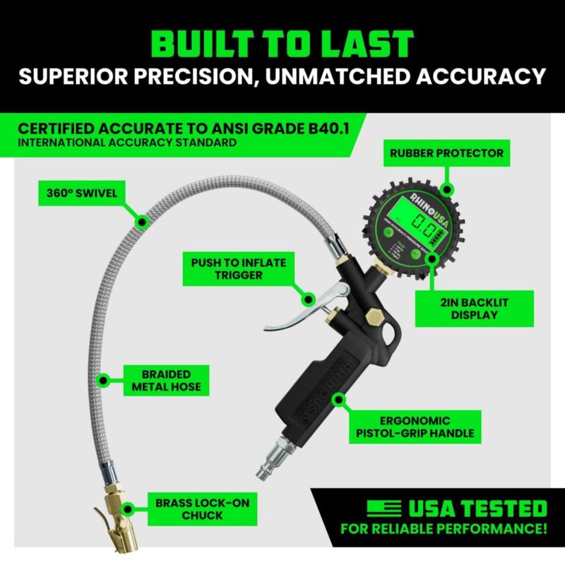 Manómetro Digital de Neumáticos Rhino USA 250 PSI con Inflador ¼" NPT