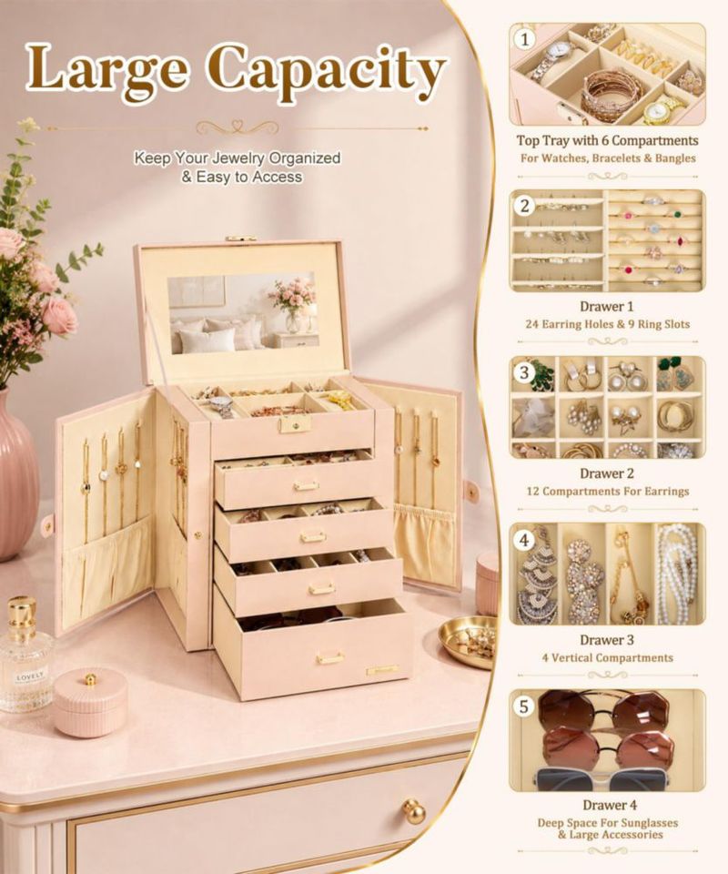 Caja de joyería Homde 5 niveles 28 × 26 × 15 cm con candado