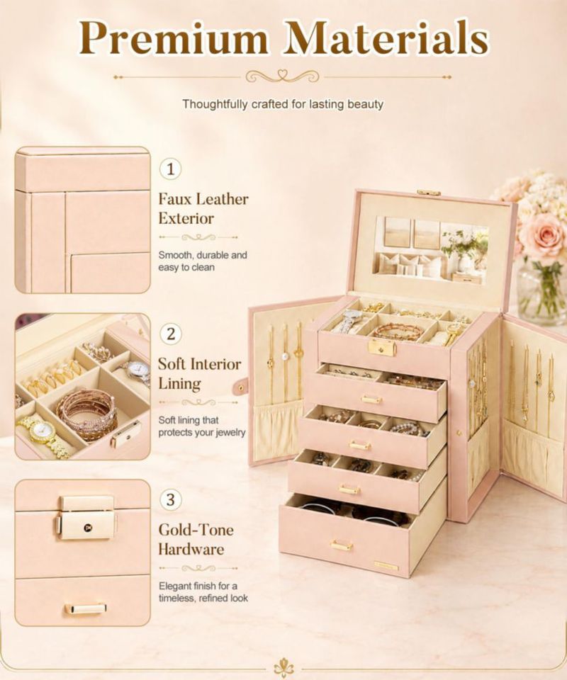 Caja de joyería Homde 5 niveles 28 × 26 × 15 cm con candado