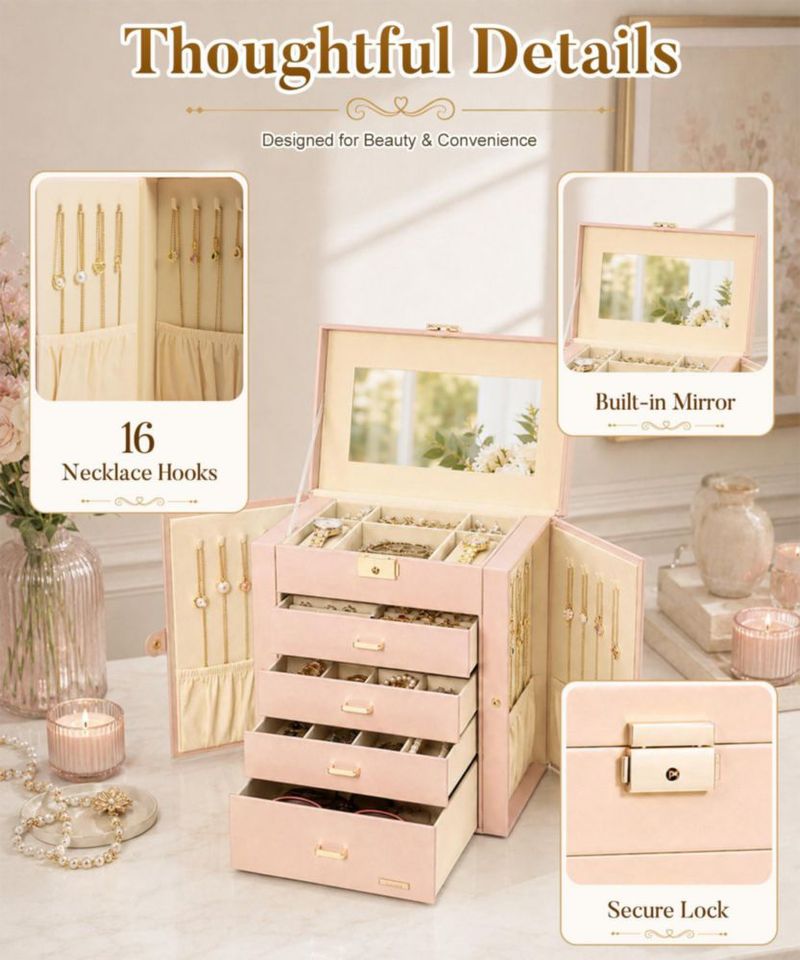 Caja de joyería Homde 5 niveles 28 × 26 × 15 cm con candado