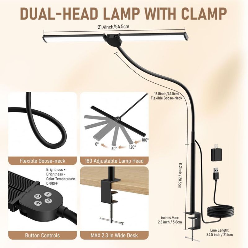 Lámpara de escritorio LED Voncerus de doble cabeza con abrazadera USB