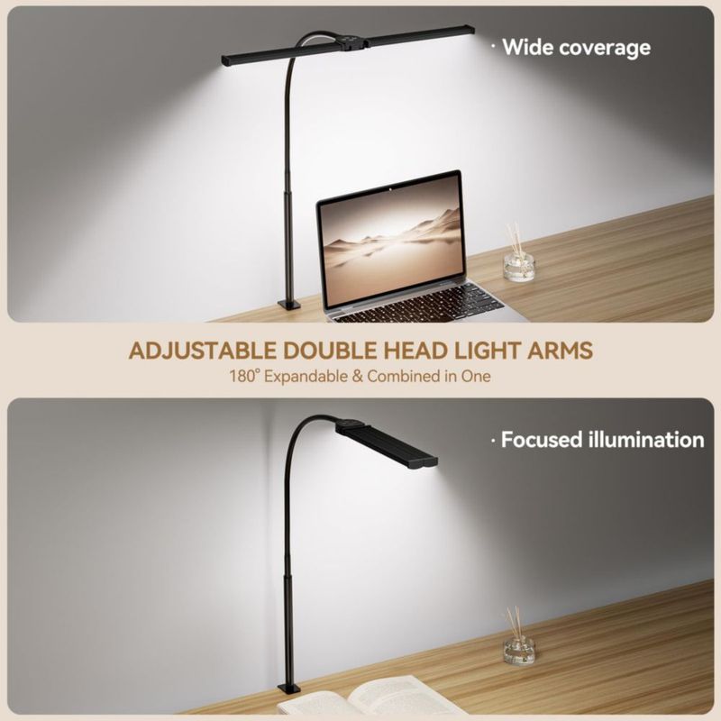 Lámpara de escritorio LED Voncerus de doble cabeza con abrazadera USB