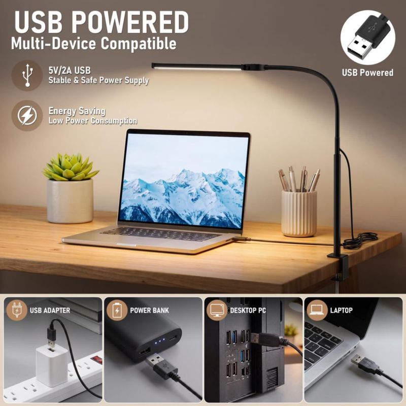 Lámpara de escritorio LED Voncerus de doble cabeza con abrazadera USB