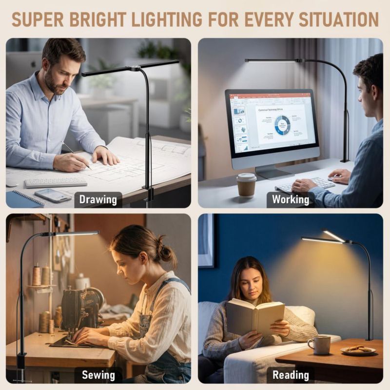 Lámpara de escritorio LED Voncerus de doble cabeza con abrazadera USB