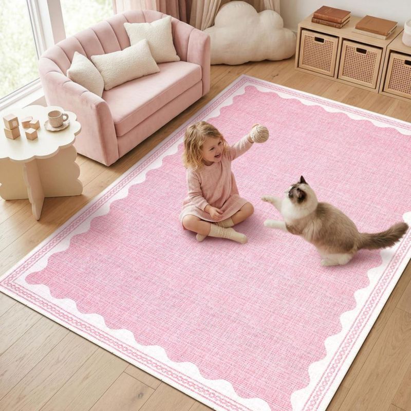 Alfombra Lavable GarveeHome 5x7 Rosa con Borde Festoneado