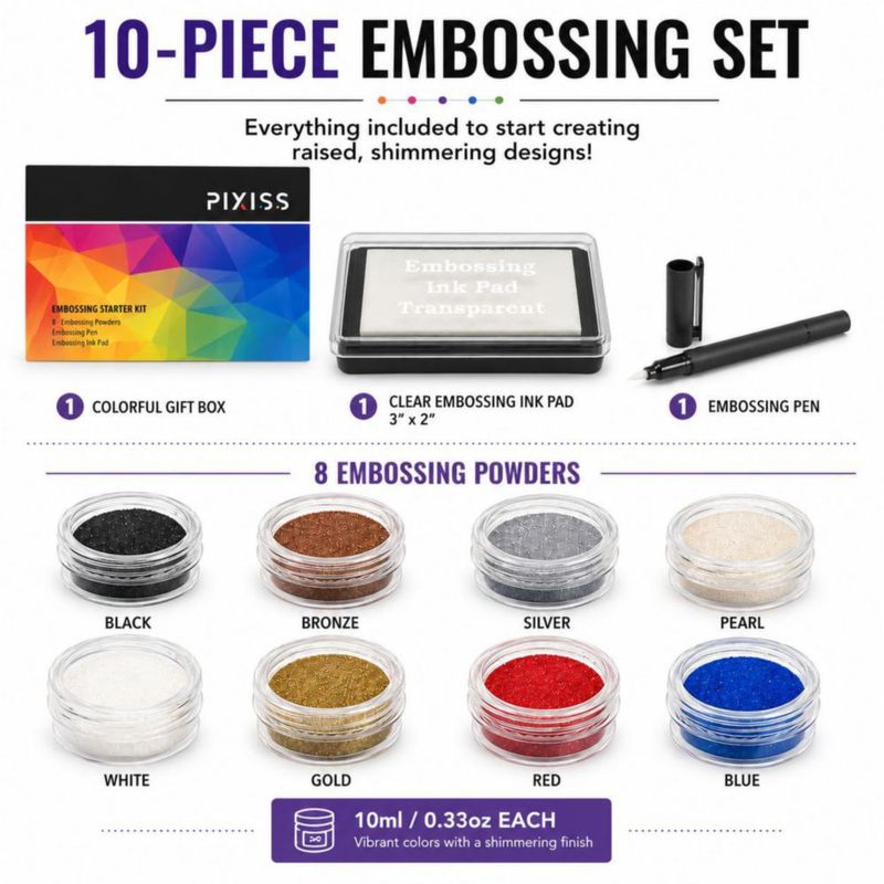 Kit de Relieve Pixiss con 8 Polvos de 10 ml + Pluma + Almohadilla