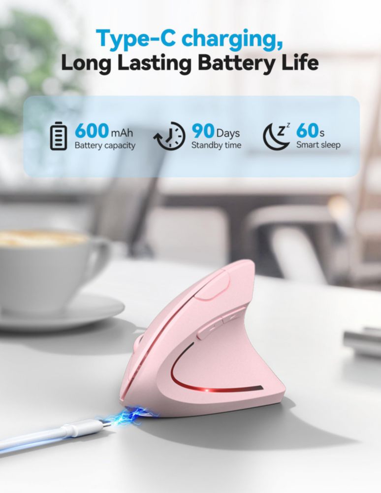 Ratón TECKNET Vertical Inalámbrico Rosa Recargable