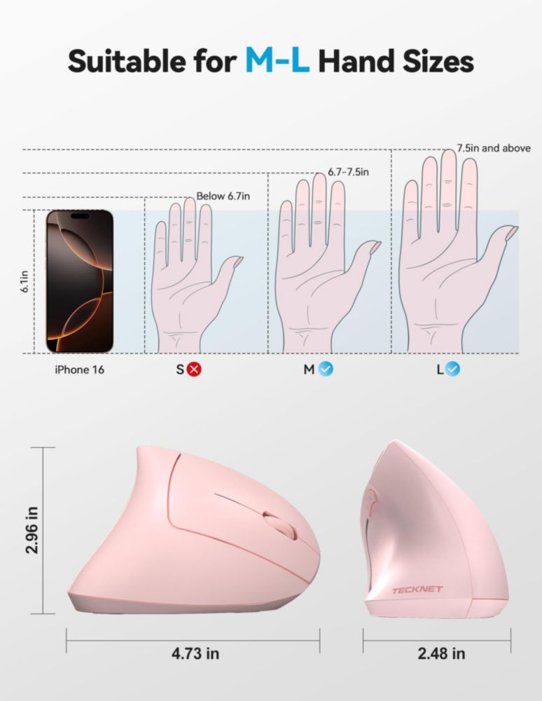 Ratón TECKNET Vertical Inalámbrico Rosa Recargable