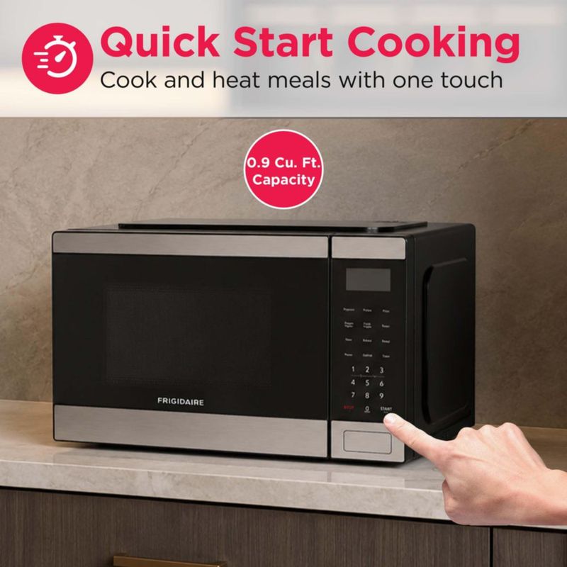 Microondas Frigidaire de 09 pies cúbicos con bloqueo para niños y acabado de acero inoxidable