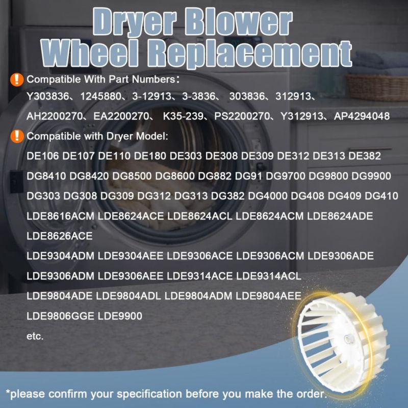 Rueda de ventilador para secadora Wadoy 19 cm compatible con Maytag Y303836