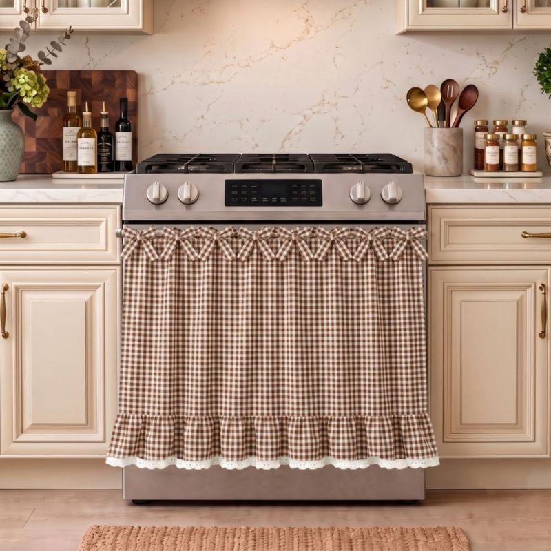 Cortina decorativa para horno Cyberplex 78 × 55 cm Marrón y Crema con encaje