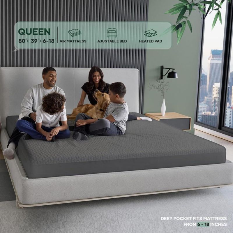OhGeni Protector de colchón 100 % impermeable tamaño queen gris capa superior de viscosa de bambú suave tejido 3D‑Air refrigerante sábana ajustable