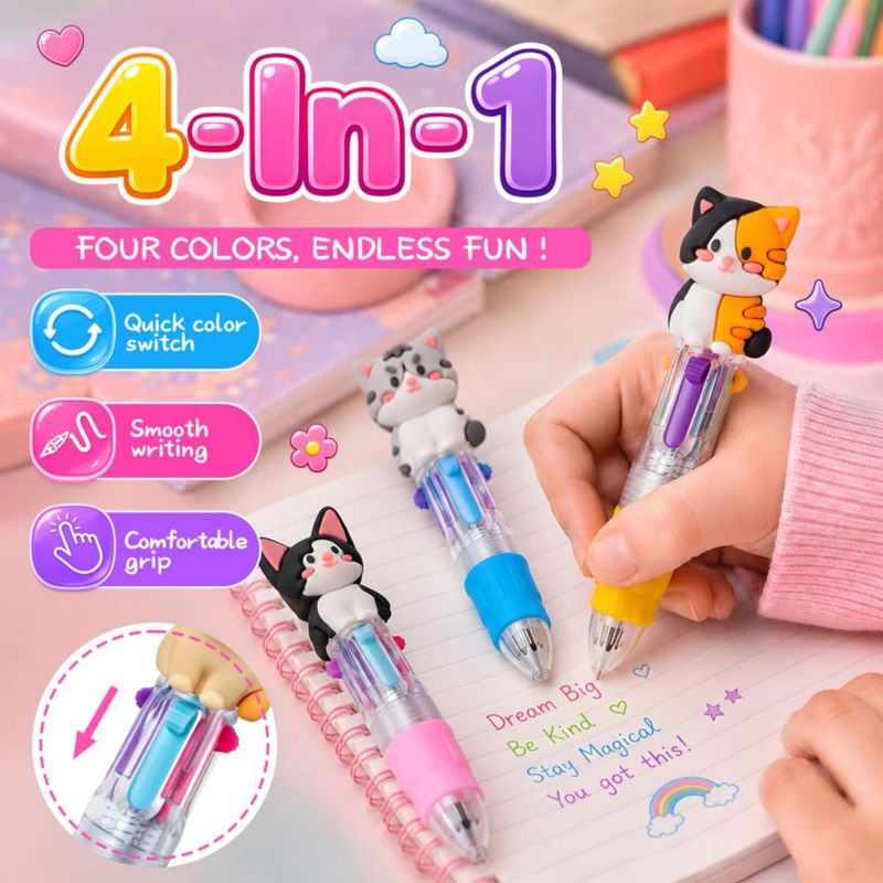 Bolígrafos DMIGHT 24 uds 4 en 1 multicolor con diseño de gato adorable