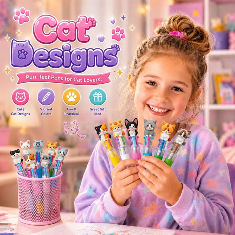 Bolígrafos DMIGHT 24 uds 4 en 1 multicolor con diseño de gato adorable