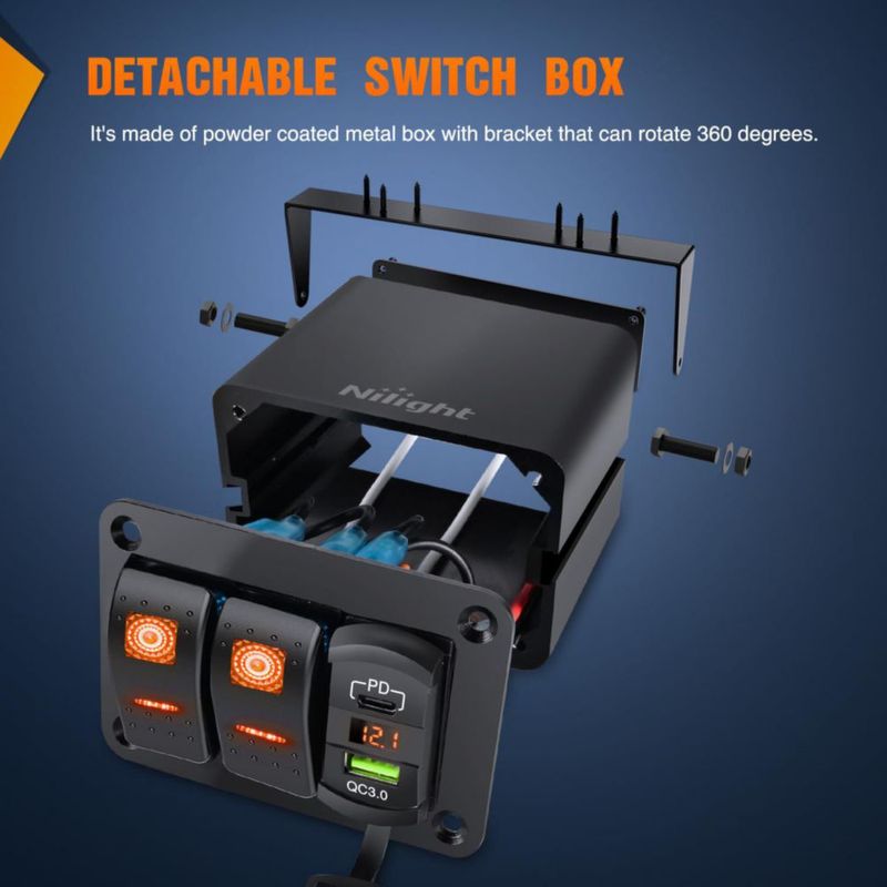 Caja de interruptor tipo palanca Nilight 12V 2 vías con USB QC3.0 PD