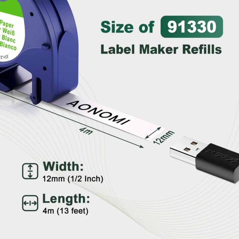 Recambios de etiquetas AONOMI 12 mm x 4 m paquete de 8 papel blanco