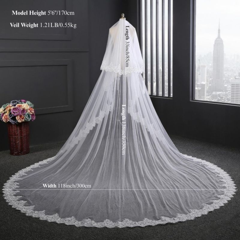 Velo de boda EllieWely de 2 niveles color marfil 350 cm/80 cm con peine metálico
