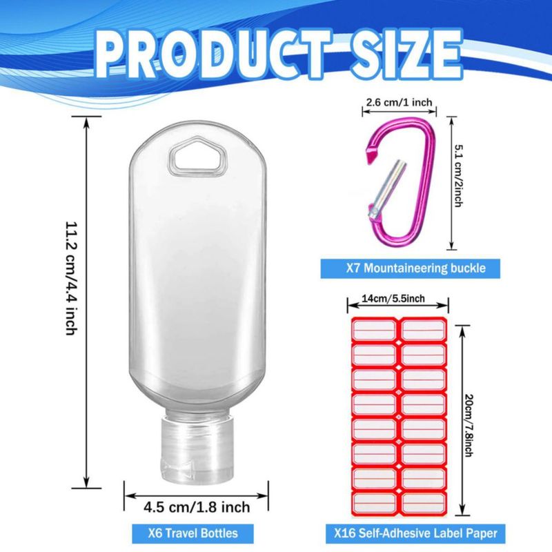 Pack de 6 Botellas Transparentes HATTIE de 50 ml para Viaje y Apretar