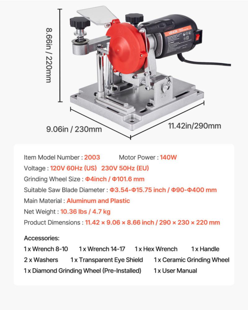 Afilador de discos de sierra circular VEVOR 140 W 3800 RPM 90‑400 mm