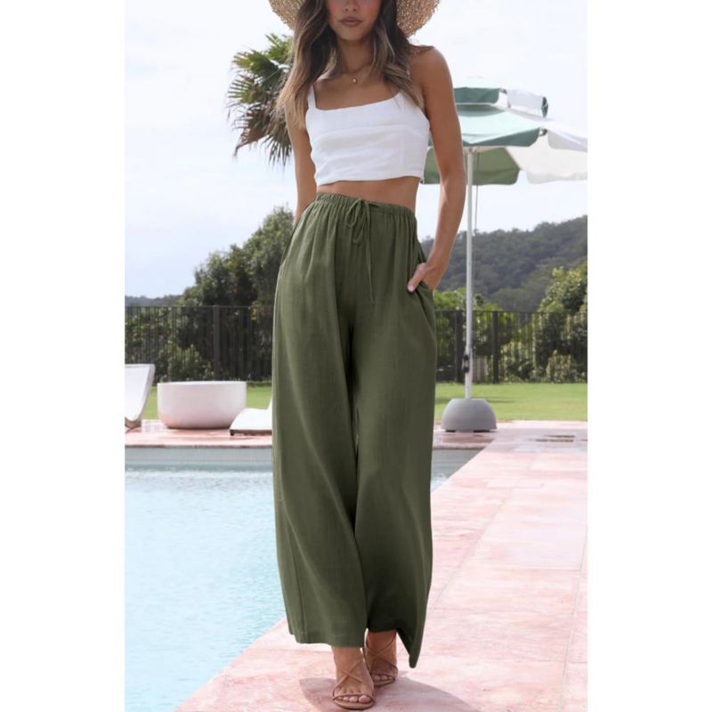 PANTALONES PALAZZO DE ALGODÓN Y LINO Duyang Verde Militar Talla S