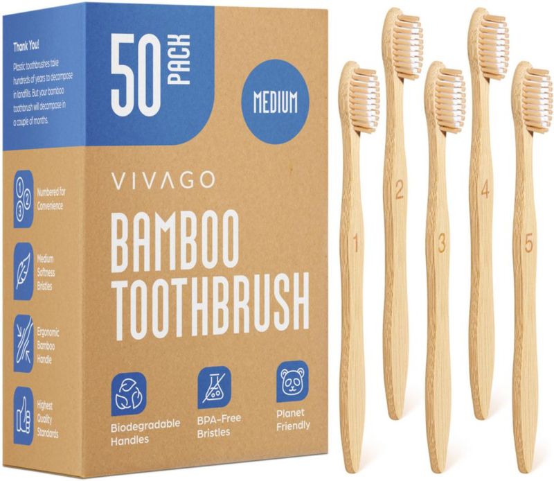 Cepillo de dientes VIVAGO de bambú cerdas medianas - paquete de 50