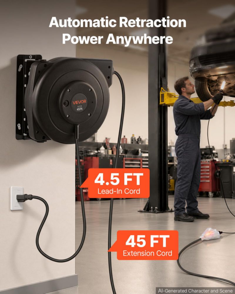 Carrete de cable de extensión retráctil VEVOR 14 m 12AWG negro 125 V