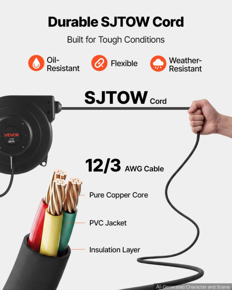 Carrete de cable de extensión retráctil VEVOR 14 m 12AWG negro 125 V