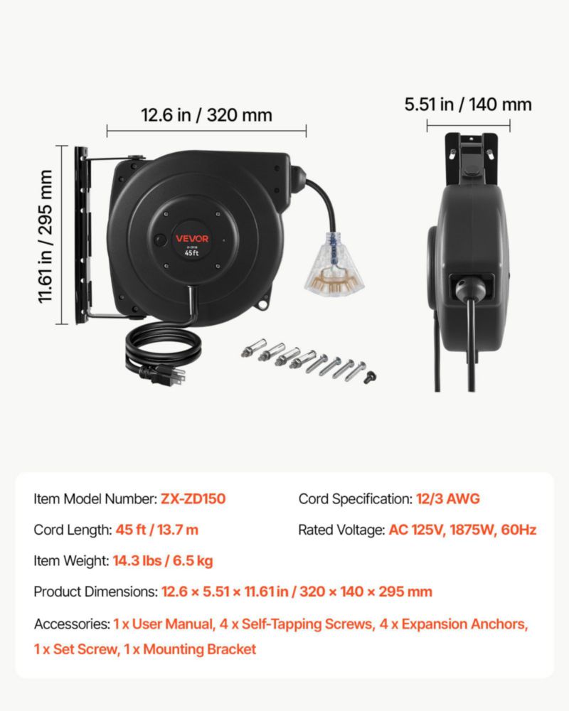 Carrete de cable de extensión retráctil VEVOR 14 m 12AWG negro 125 V